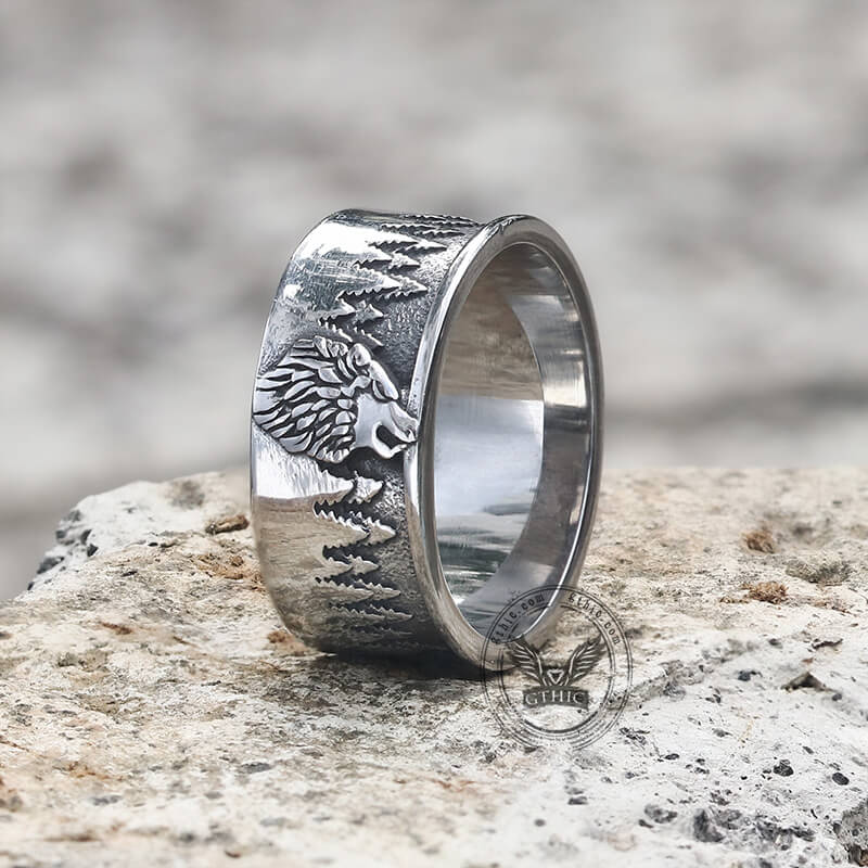Howling Lone Wolf Stainless Steel Ring03 | Gthic.com