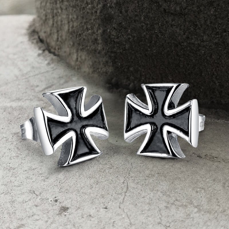 Iron Cross Stainless Steel Skull Stud Earring | Gthic.com