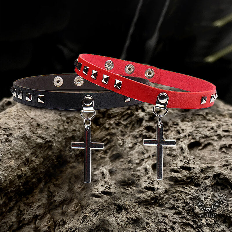Punk Rivet Cross Pu Leather Choker Necklace