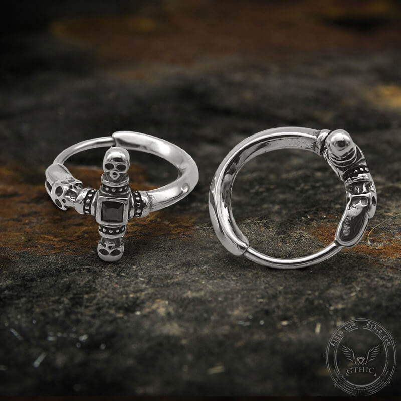 Punk Skull Cross Stainless Steel Hoop Earrings | Gthic.com