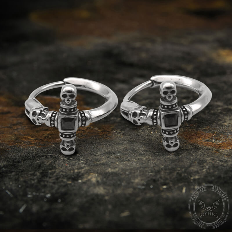 Punk Skull Cross Stainless Steel Hoop Earrings | Gthic.com