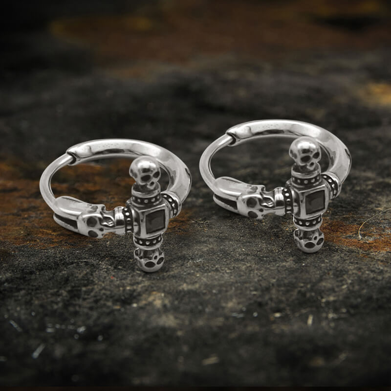 Punk Skull Cross Stainless Steel Hoop Earrings | Gthic.com