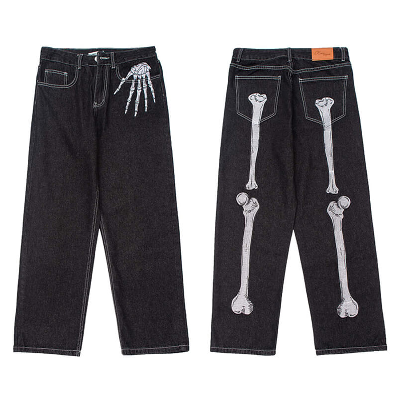 Punk Skull Hand Bones Cotton Straight Leg Pants | Gthic.com
