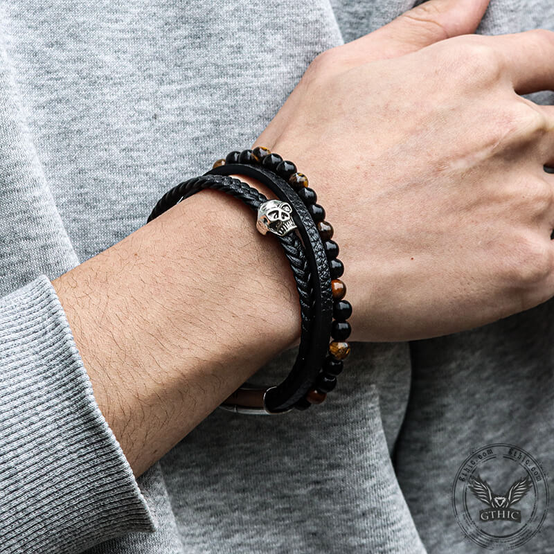 Punk Tiger Eye Skull Leather Bead Bracelet