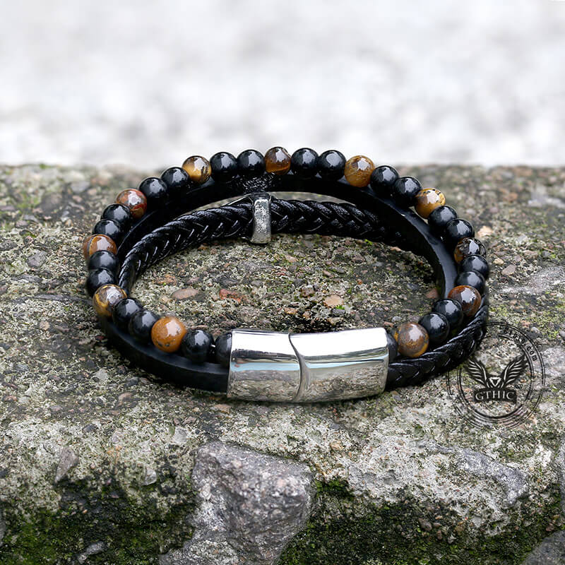 Punk Tiger Eye Skull Leather Bead Bracelet