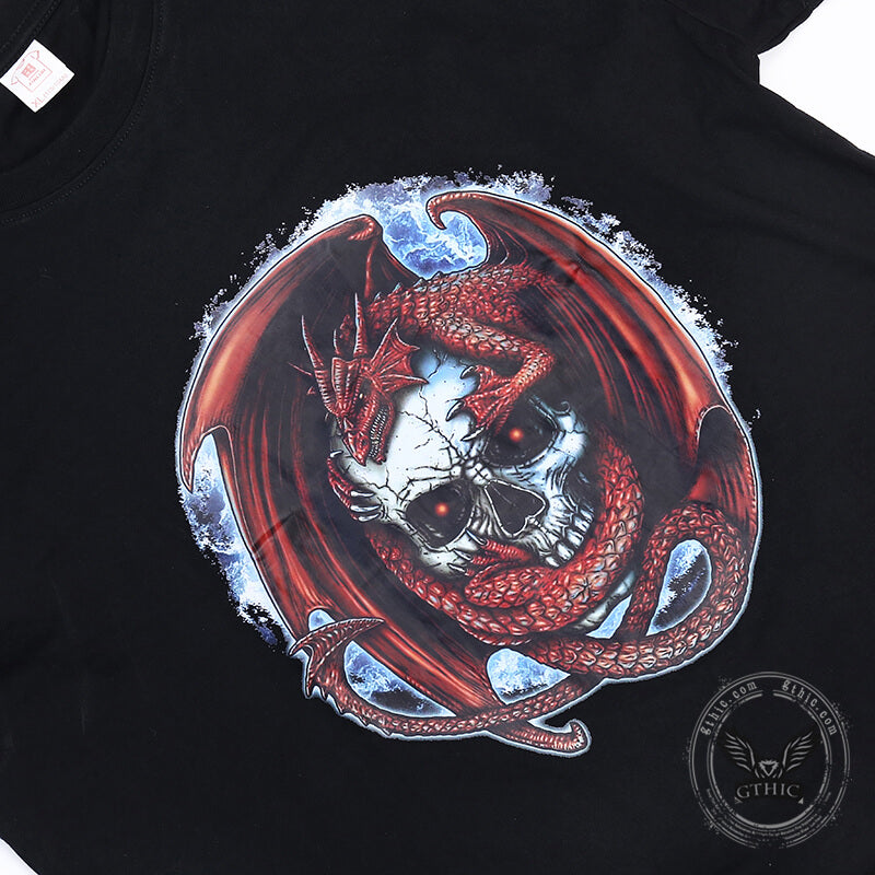 T-shirt in cotone con teschio di drago rosso
