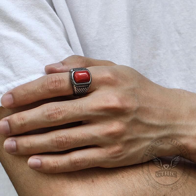 Red Natural Stone Stainless Steel Ring