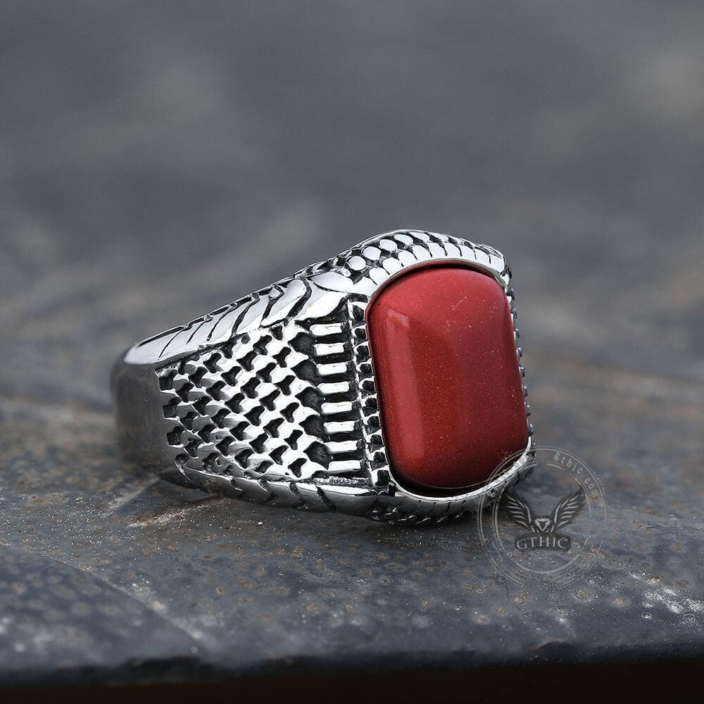 Red Natural Stone Stainless Steel Ring