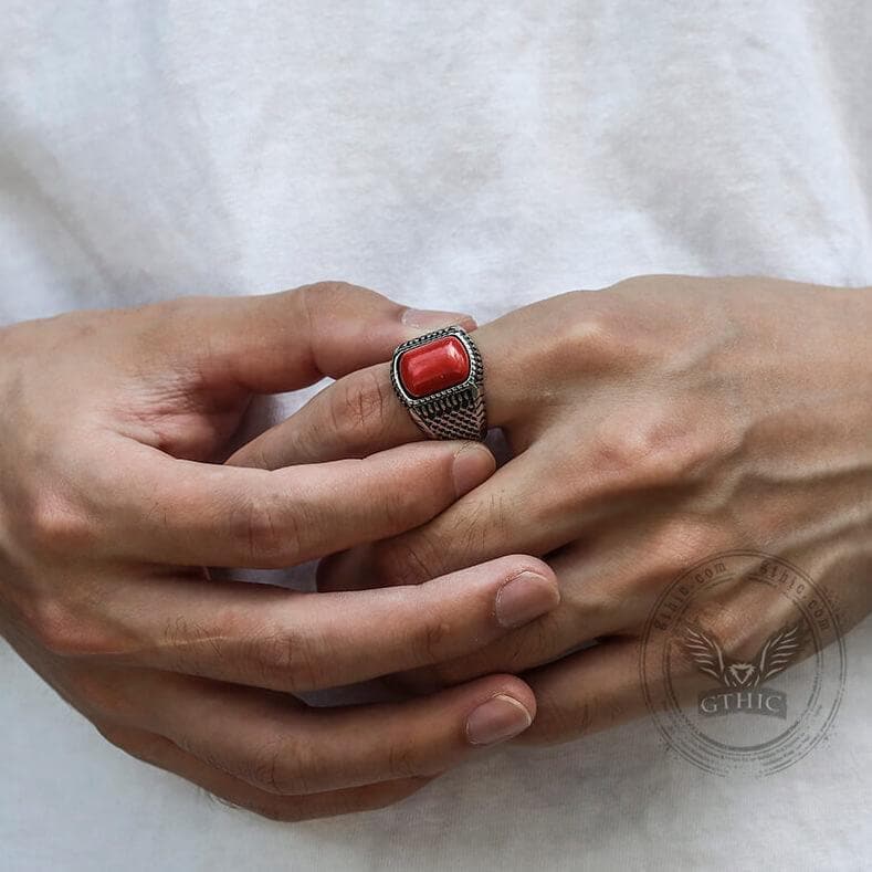 Red Natural Stone Stainless Steel Ring