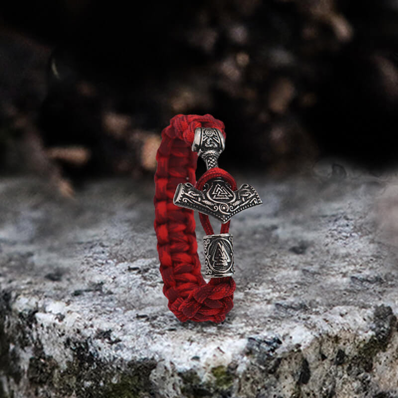 Red Thor’s Hammer Valknut Stainless Steel Paracord Bracelet | Gthic.com