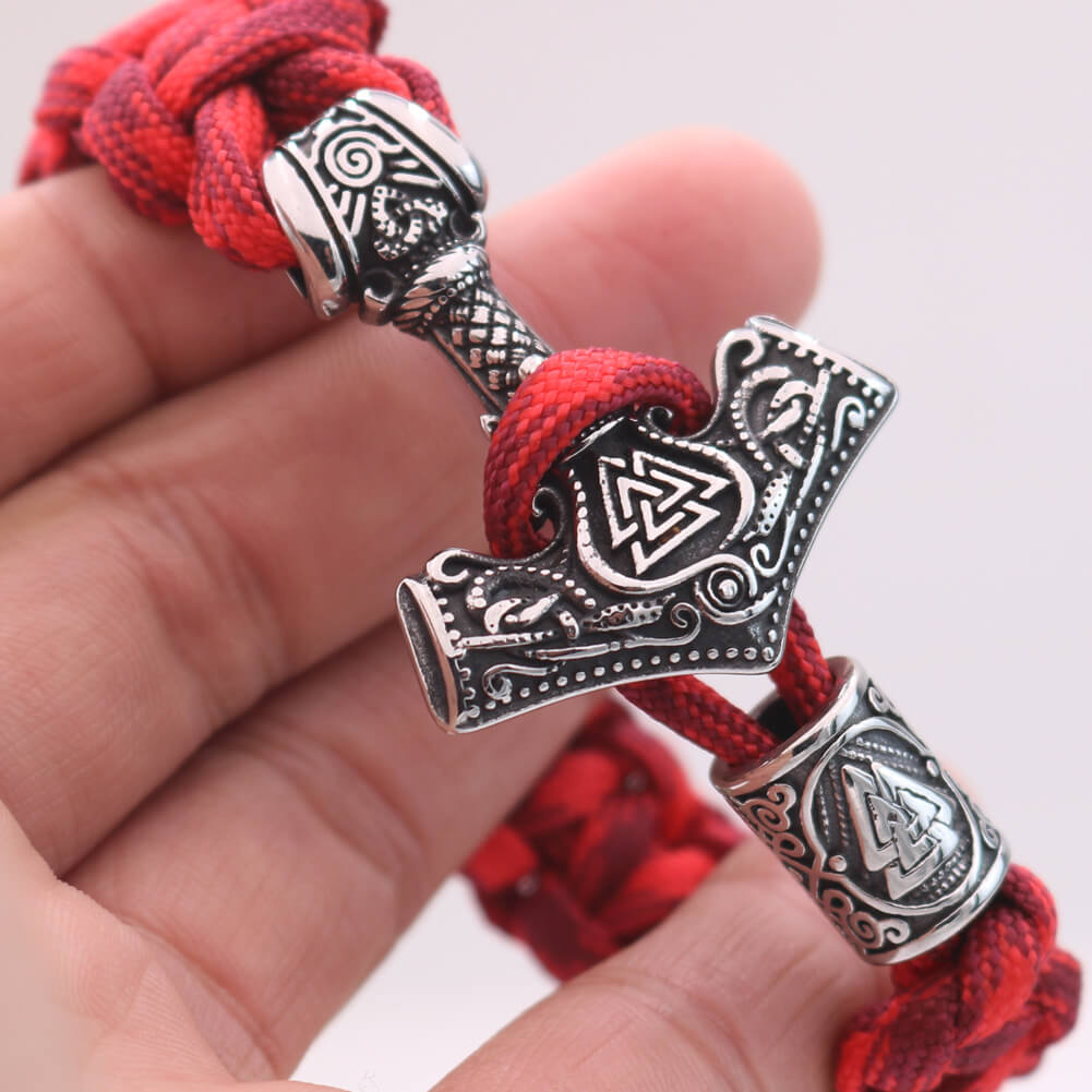 Red Thor’s Hammer Valknut Stainless Steel Paracord Bracelet