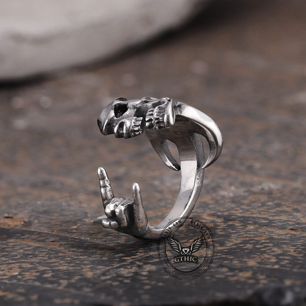 Offener Ring aus Edelstahl mit Retro-Rock-Totenkopf