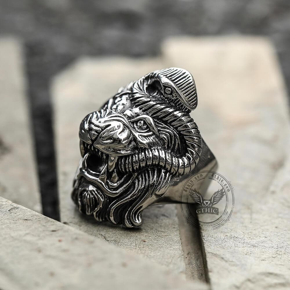 Roaring Lion and Snake Stainless Steel Animal Ring | Gthic.com