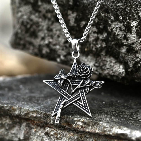 Rose And Pentagram Stainless Steel Pendant01 | Gthic.com