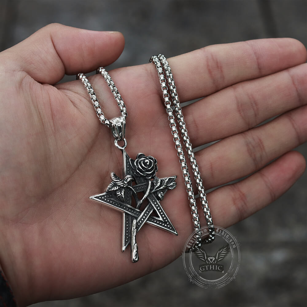 Rose And Pentagram Stainless Steel Pendant02 | Gthic.com