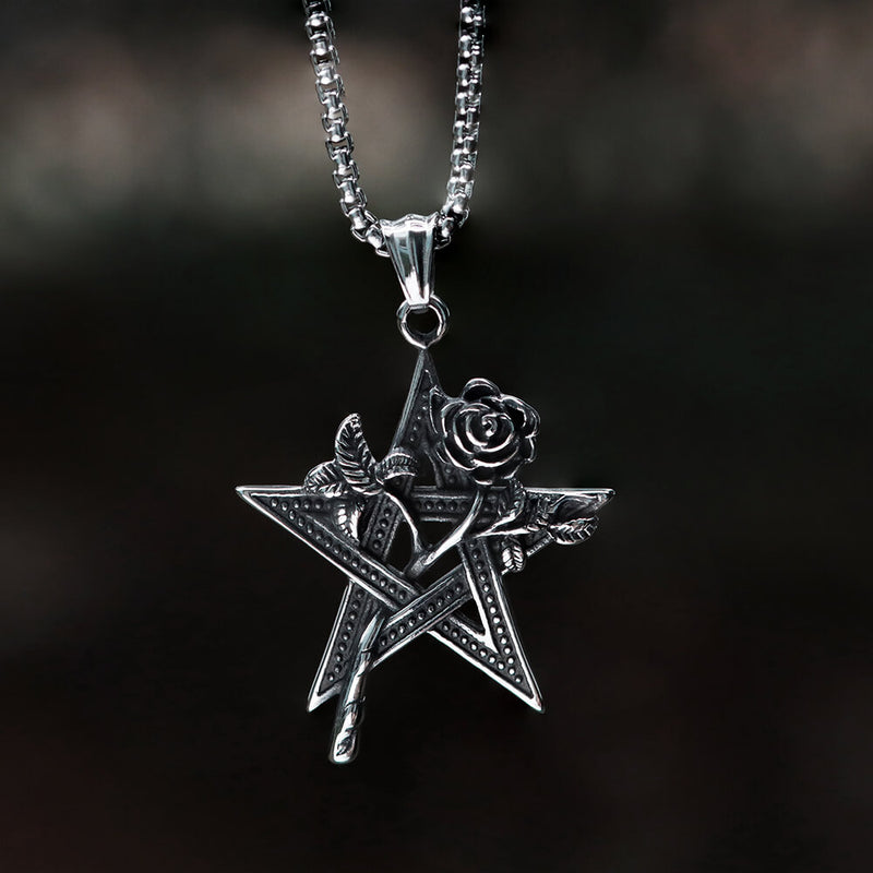 Rose And Pentagram Stainless Steel Pendant03 | Gthic.com