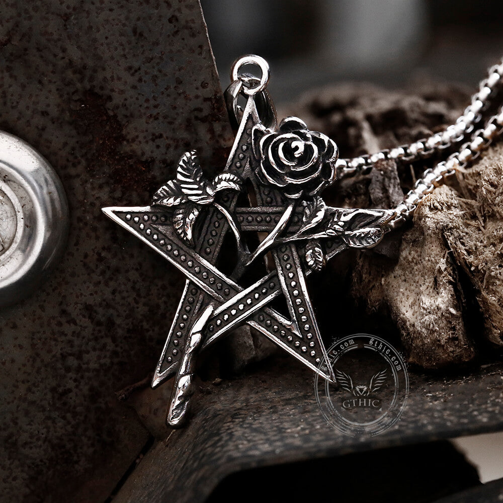 Rose And Pentagram Stainless Steel Pendant05 | Gthic.com