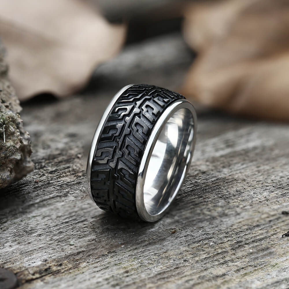 Tire Stainless Steel Biker Ring 03 Black | Gthic.com