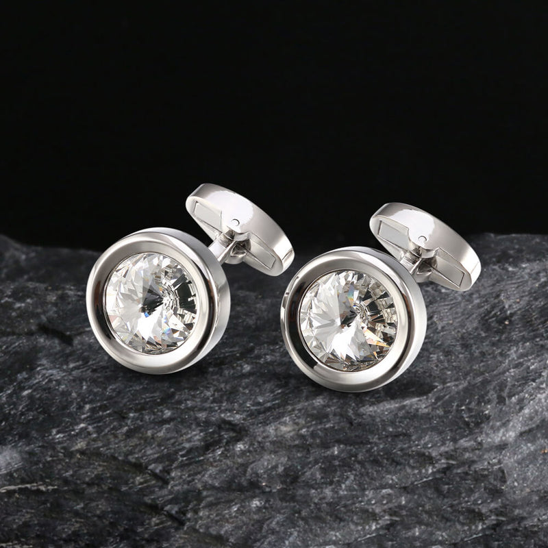 Round Crystal Brass Whale Back Cufflinks 01 white | Gthic.com