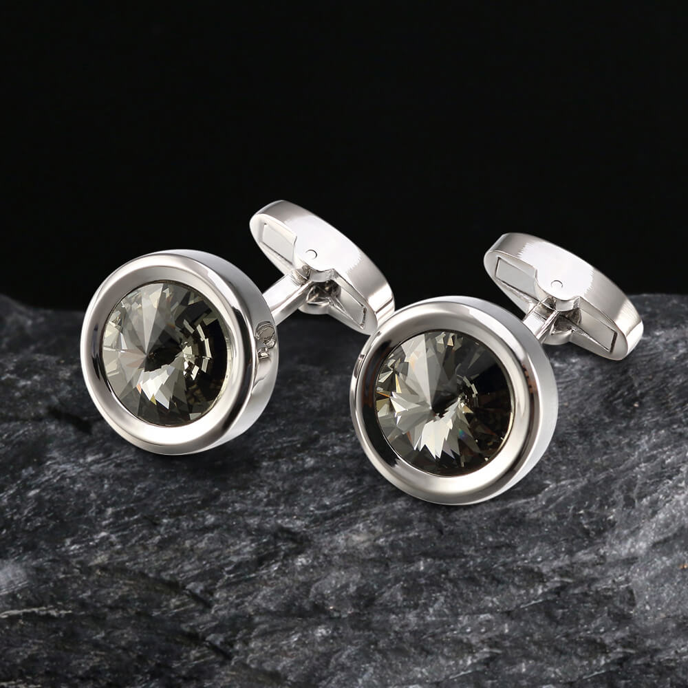 Round Crystal Brass Whale Back Cufflinks 02 black | Gthic.com