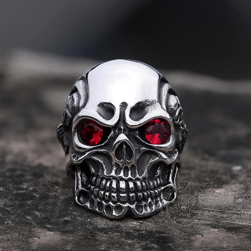 Ruby & Sapphire Eye Stainless Steel Skull Ring | Gthic.com