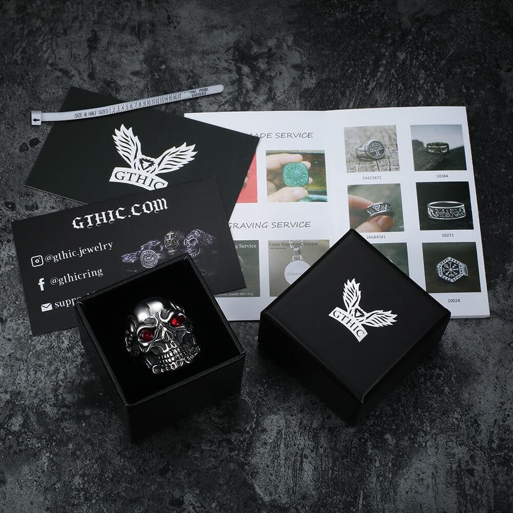 Ruby & Sapphire Eye Stainless Steel Skull Ring - GTHIC