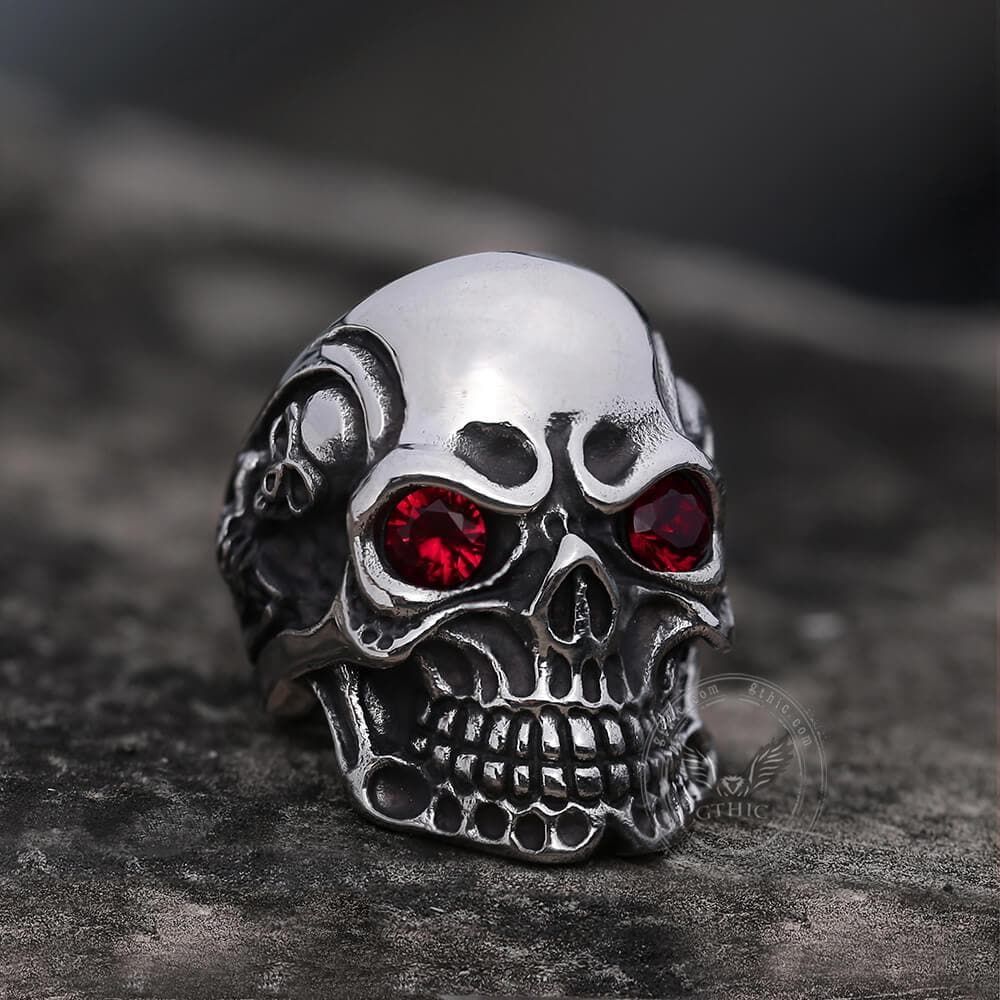 Ruby & Sapphire Eye Stainless Steel Skull Ring | Gthic.com