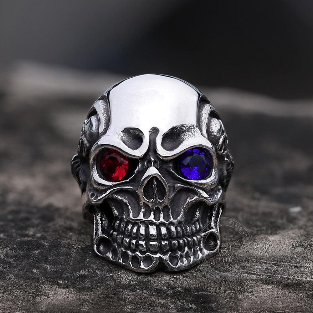 Ruby & Sapphire Eye Stainless Steel Skull Ring | Gthic.com