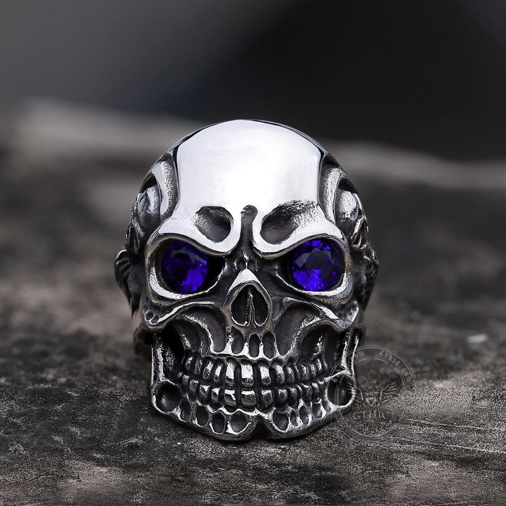Ruby & Sapphire Eye Stainless Steel Skull Ring | Gthic.com