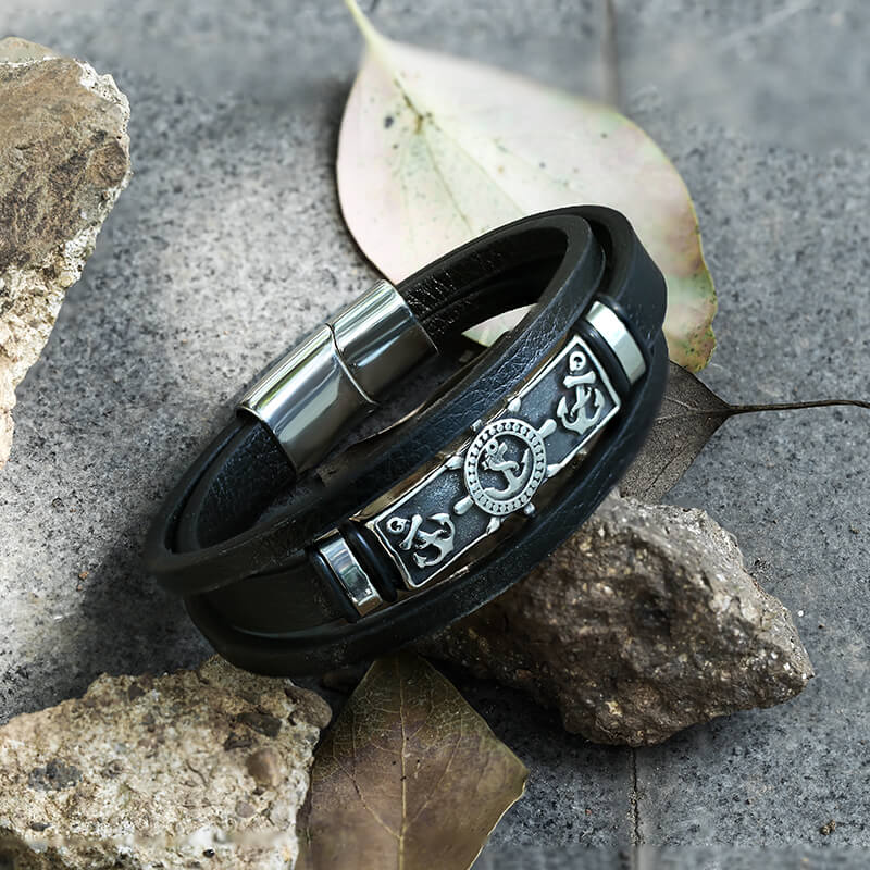 Rudder Anchor Stainless Steel Leather Bracelet 01 | Gthic.com