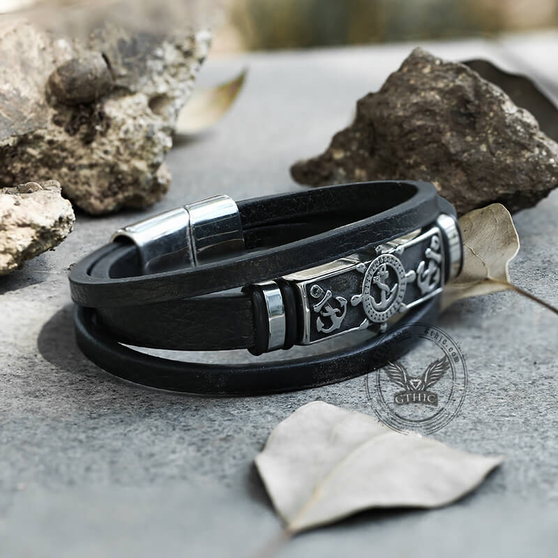 Rudder Anchor Stainless Steel Leather Bracelet 01 | Gthic.com