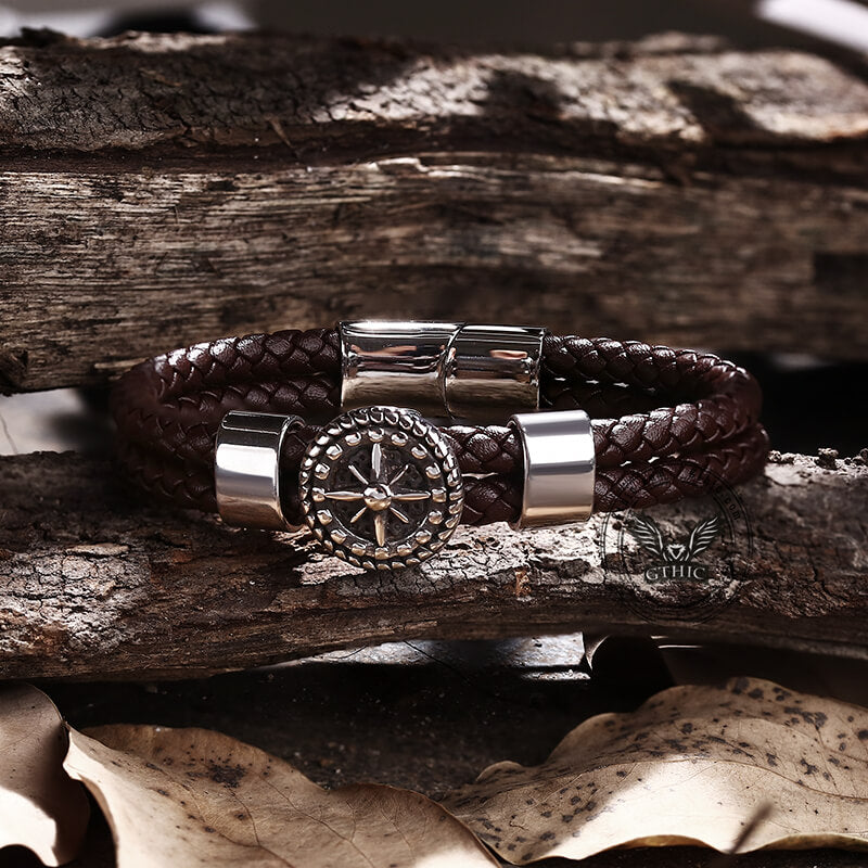 Rudder Stainless Steel Leather Marine Bracelet