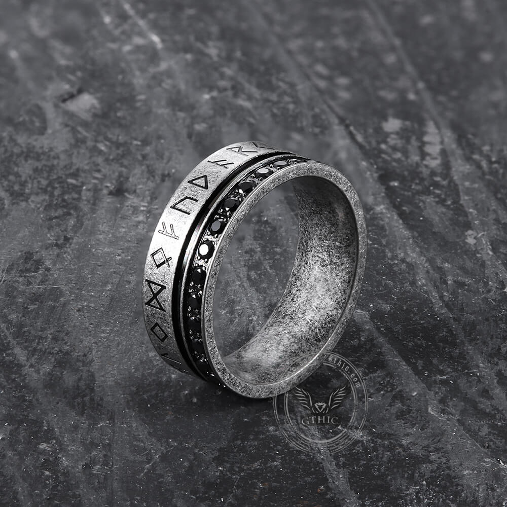 Runes Black Stone Stainless Steel Ring