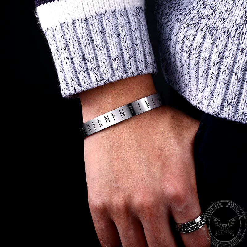 Runes Stainless Steel Viking Cuff Bracelet | Gthic.com