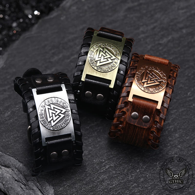Runes Valknut Wristband Alloy Leather Viking Bracelet | Gthic.com