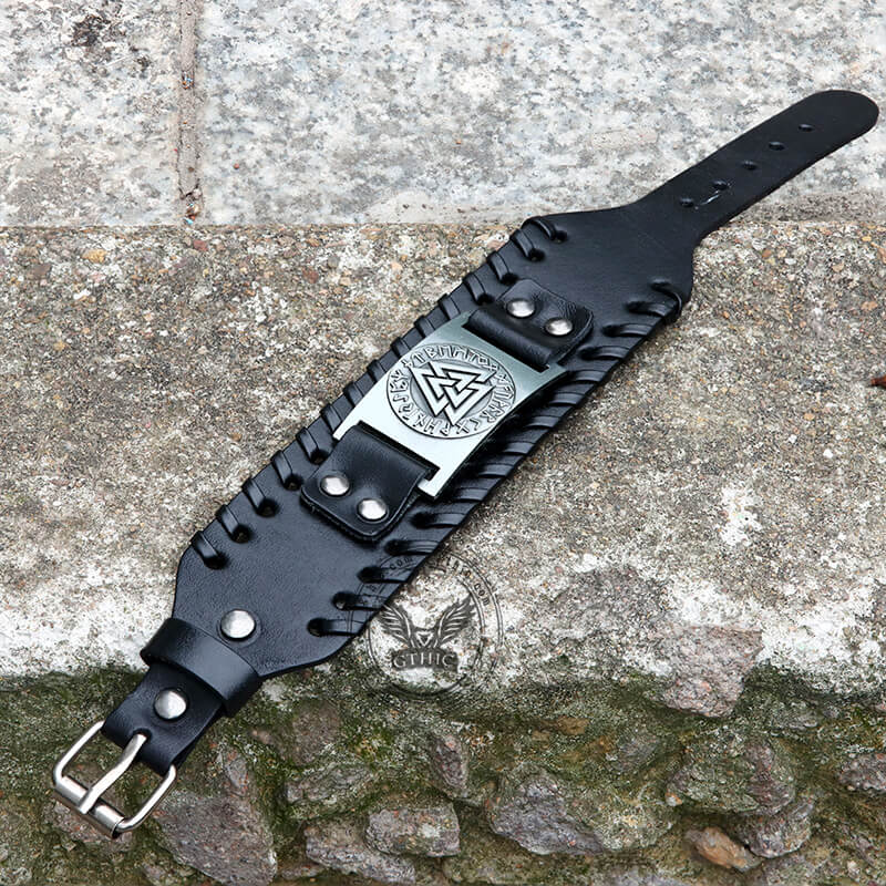 Runes Valknut Wristband Alloy Leather Viking Bracelet