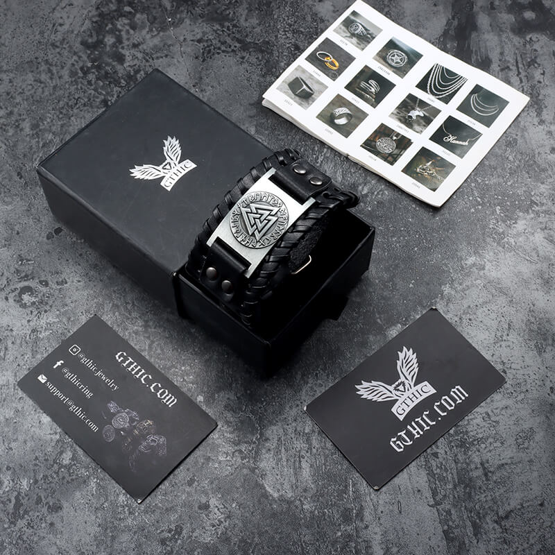 Runes Valknut Wristband Alloy Leather Viking Bracelet