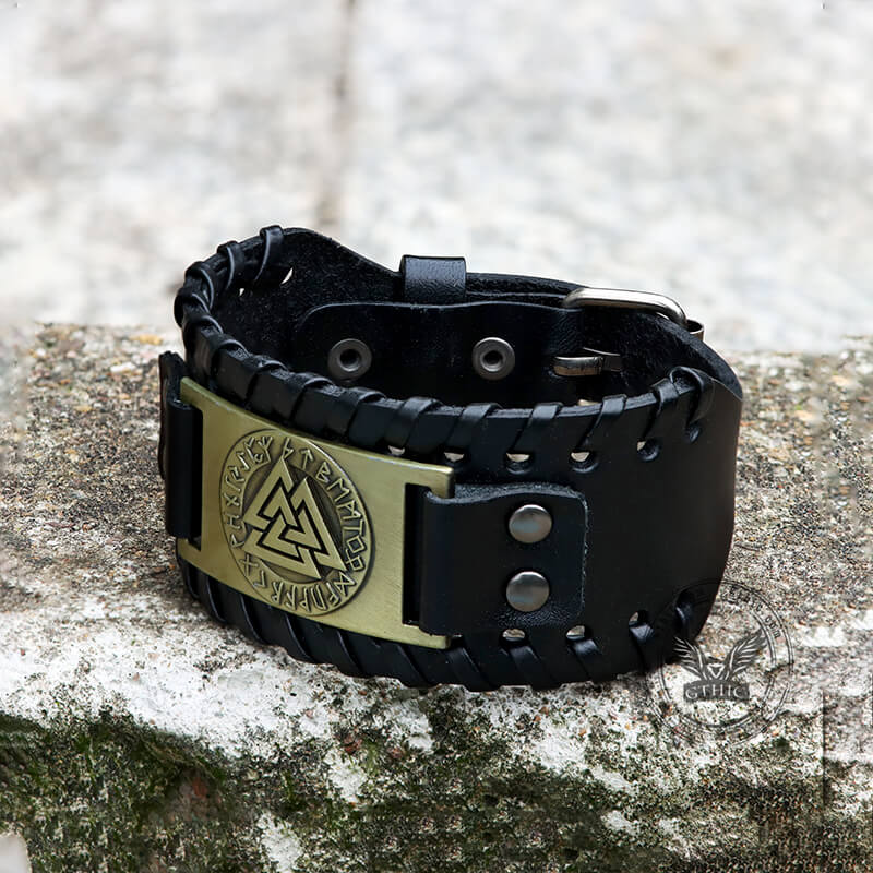 Runes Valknut Wristband Alloy Leather Viking Bracelet