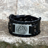 Runes Valknut Wristband Alloy Leather Viking Bracelet | Gthic.com