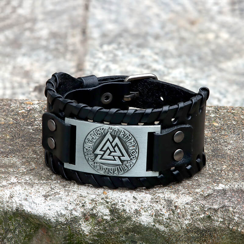  Hand-made in Ukraine Valknut Black Leather Viking Bracelet -  Gift for Men - Mens Leather Cuff Bracelets Wristbands - Viking Genuine  Leather Punk Lv Axe Сuffs Wristband - Size 6-7 inch