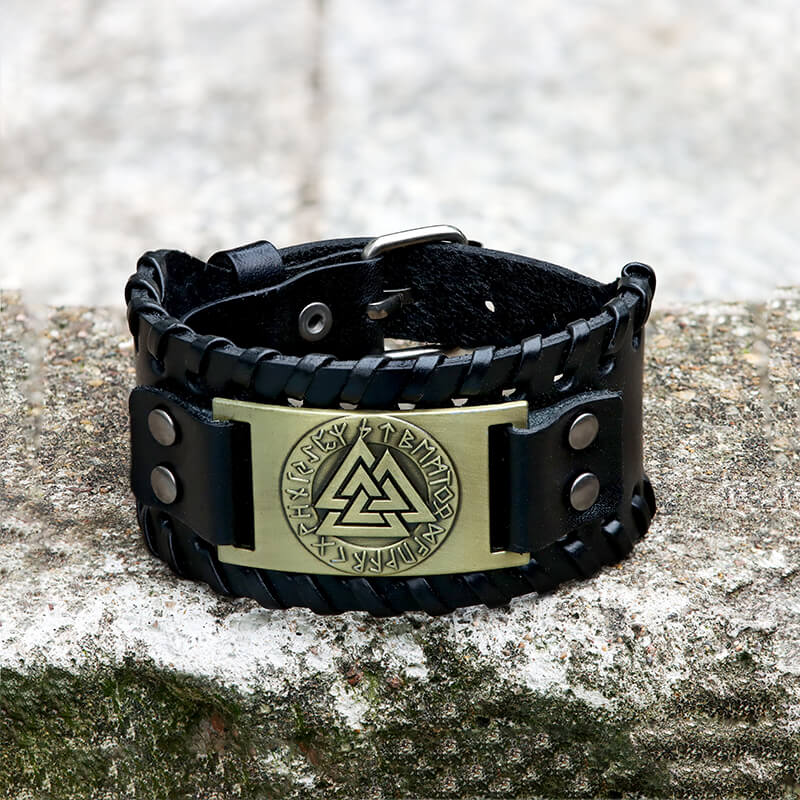 Runes Valknut Wristband Alloy Leather Viking Bracelet | Gthic.com