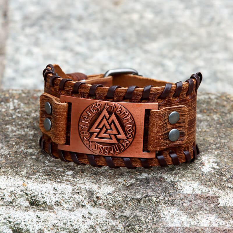 Runes Valknut Wristband Alloy Leather Viking Bracelet | Gthic.com