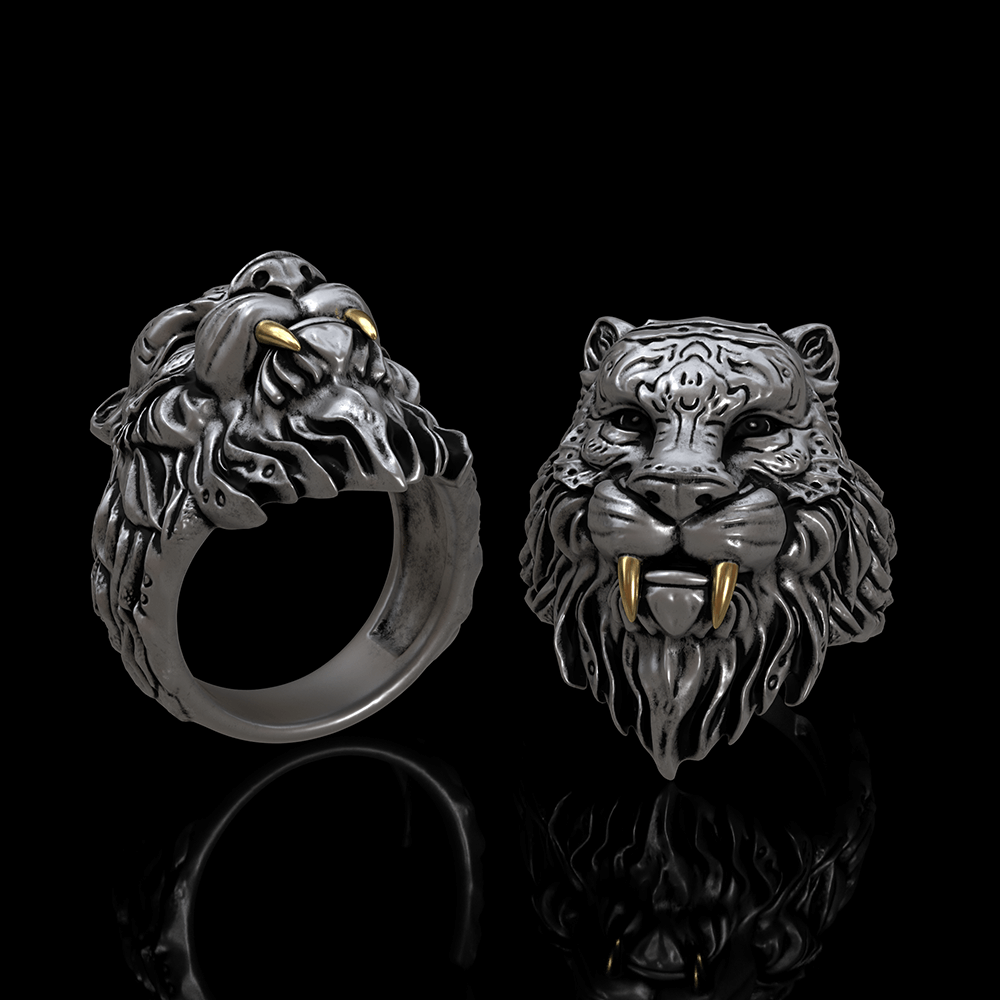 Saber-toothed Tiger Head Sterling Silver Ring01 | Gthic.com