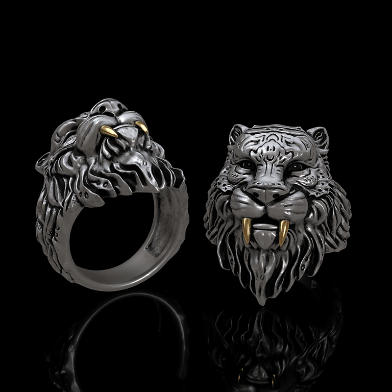 Saber-toothed Tiger Head Sterling Silver Ring01 | Gthic.com