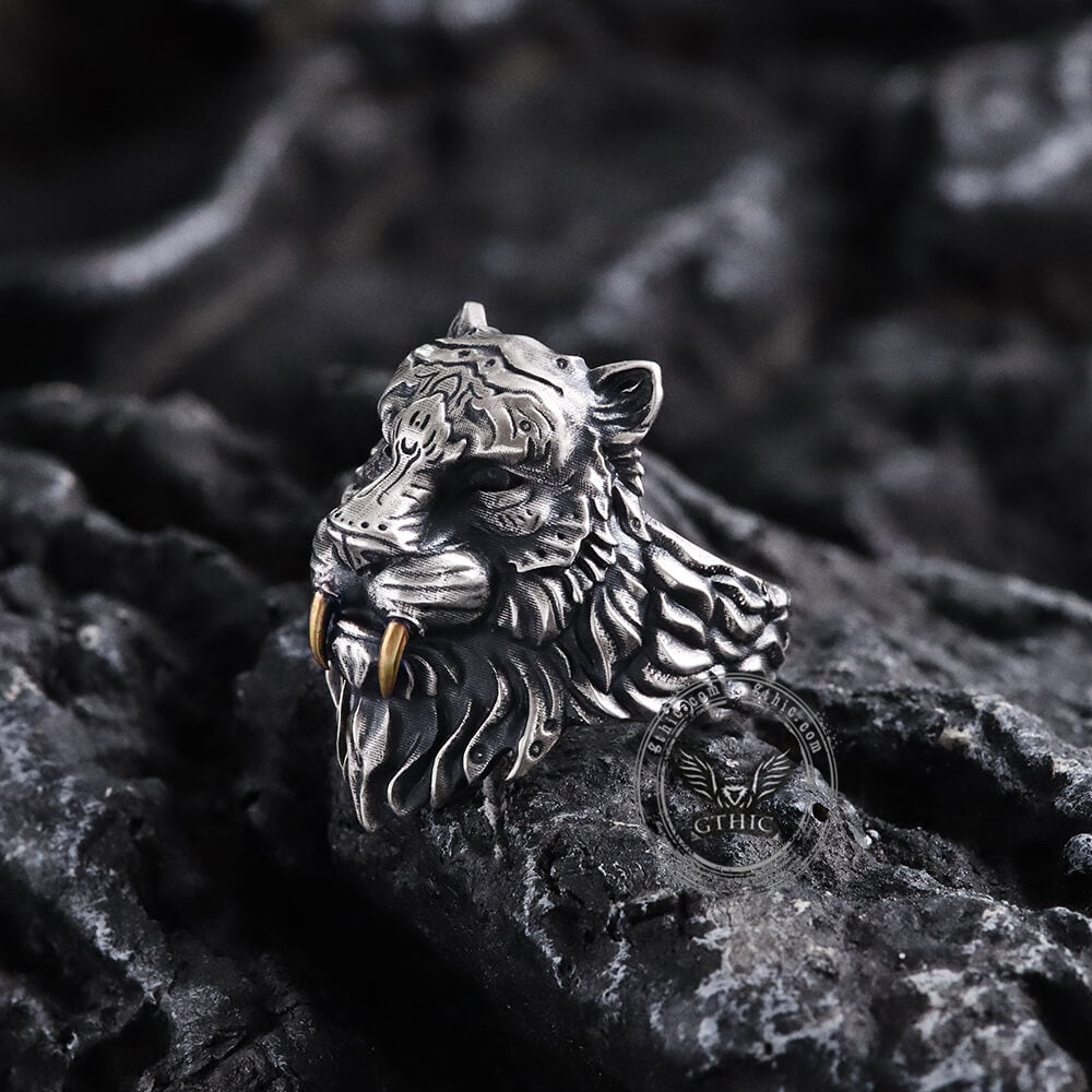 Saber-toothed Tiger Head Sterling Silver Ring04 | Gthic.com