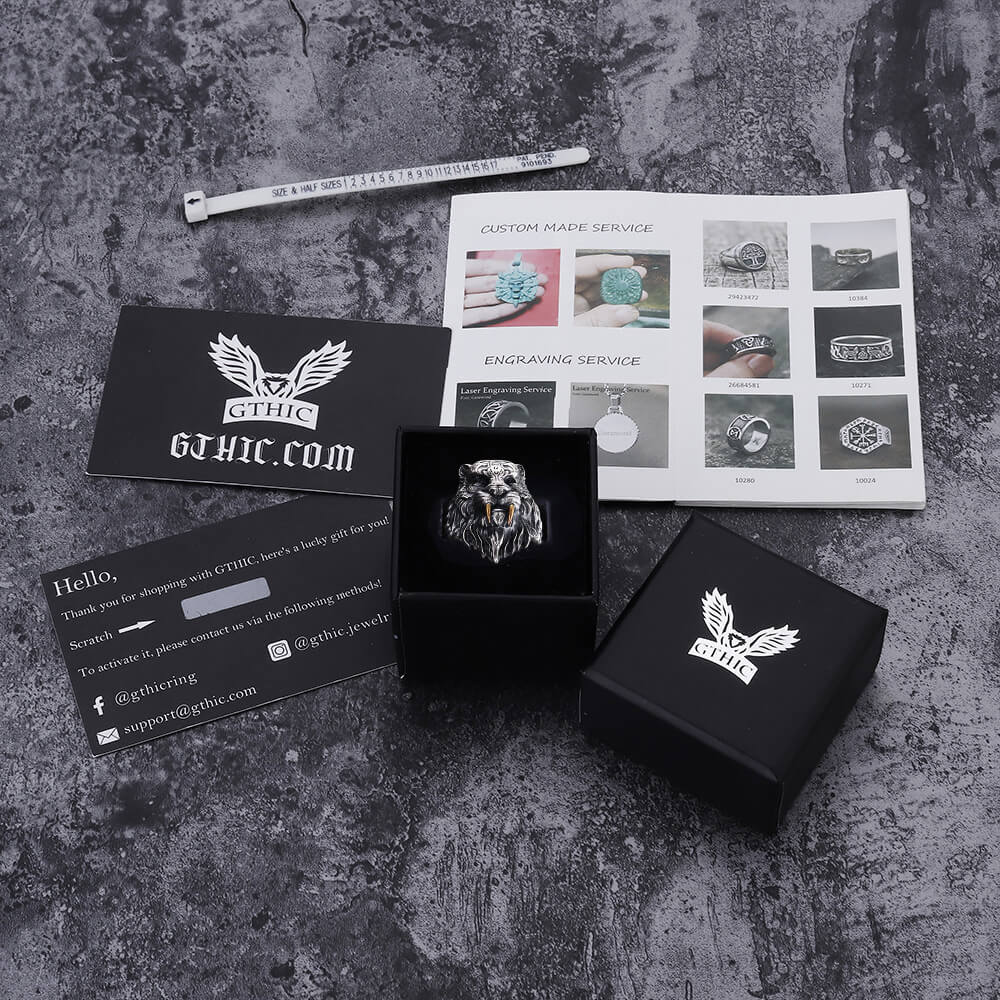 Saber-toothed Tiger Head Sterling Silver Ring