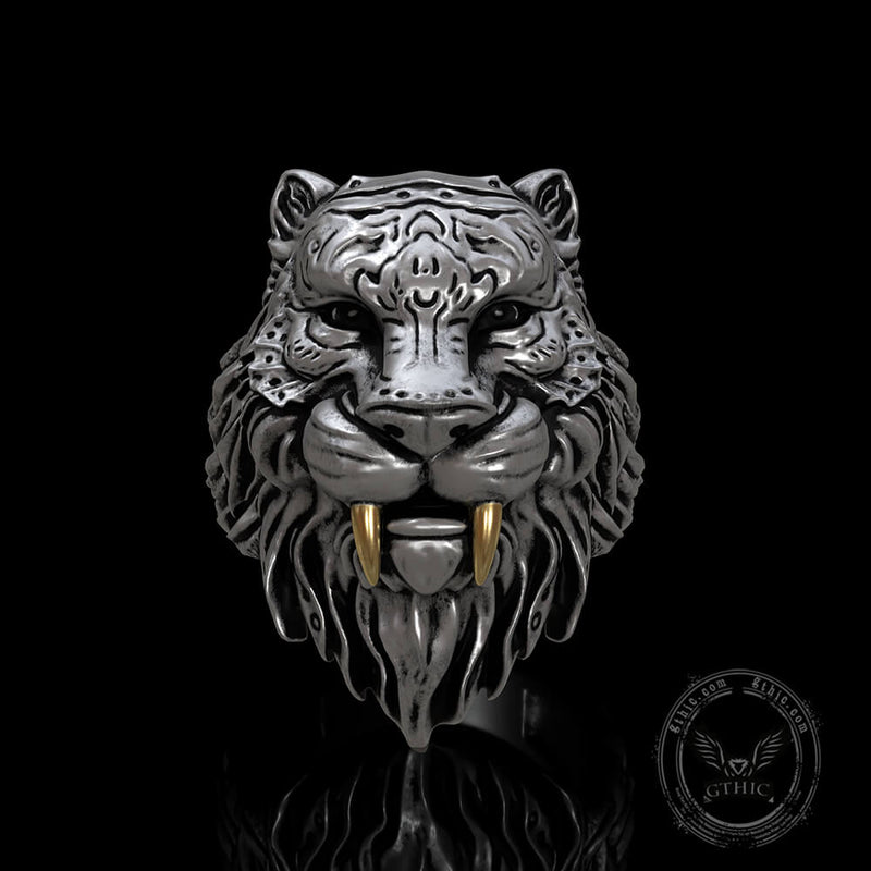 Saber-toothed Tiger Head Sterling Silver Ring02 | Gthic.com