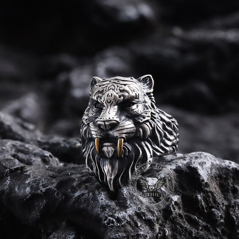 Saber-toothed Tiger Head Sterling Silver Ring06 | Gthic.com