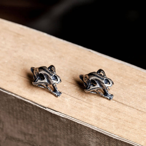 Saber Tooth Tiger Skull Head Sterling Silver Stud Earrings | Gthic.com