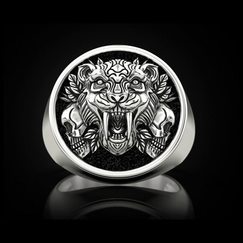Saber Toothed Tiger Skulls Sterling Silver Ring | Gthic.com
